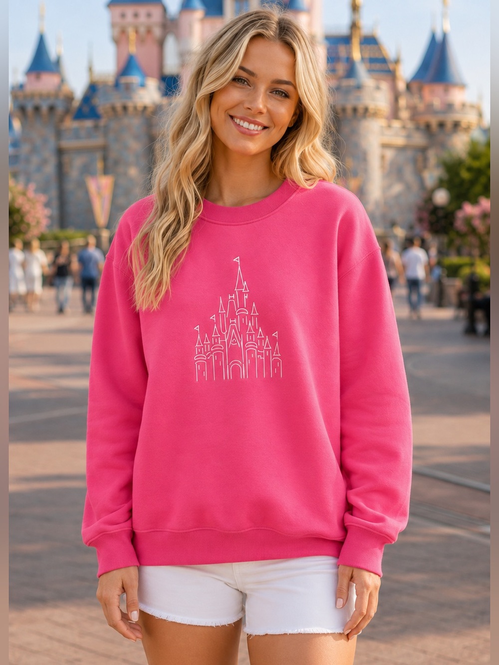 Disney inspired pink crewneck sweatshirt boutique embroidered princess castle L